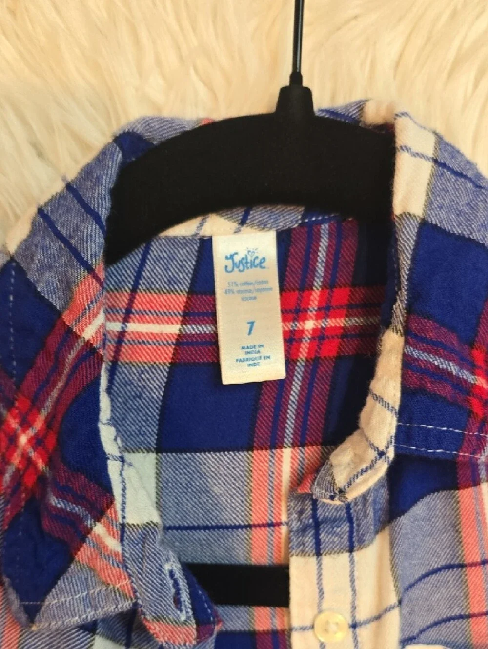 Justice Girls Blue White Red Plaid Button Down Flanel Shirt